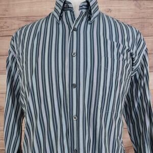 Alan Flusser Shirt Mens Large Blue Green Stripe Long Sleeve Button Front Casual‎